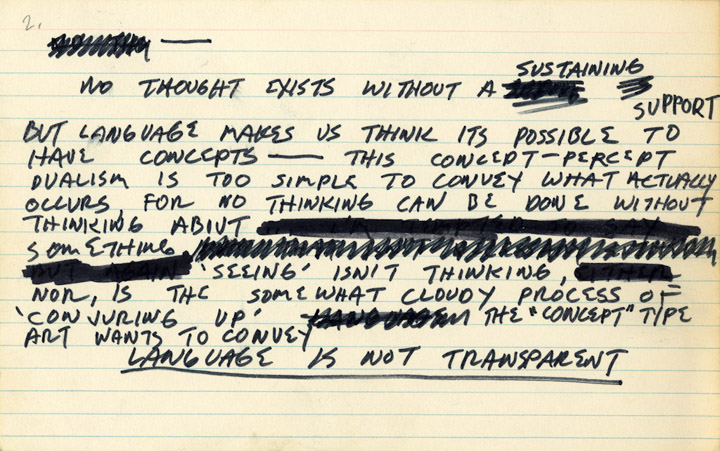 Mel Bochner, , Notecard (No thought exists...), 1969, ink on notecard, 5 x 8 in.